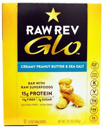 Glo, Creamy Peanut Butter & Sea Salt, 12 Bars, 1.6 oz (46 g) Each by Raw Revolution-Kosttillskott, Näringsrika Barer