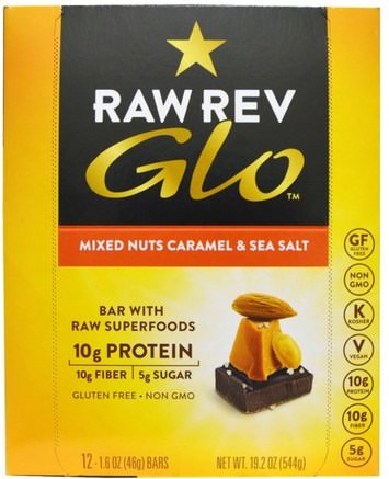 Glo, Mixed Nuts Caramel & Sea Salt, 12 Bars, 1.6 oz (46 g) Each by Raw Revolution-Kosttillskott, Näringsrika Barer