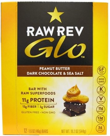 Glo, Peanut Butter Dark Chocolate & Sea Salt, 12 Bars, 1.6 oz (46 g) Each by Raw Revolution-Kosttillskott, Näringsrika Barer