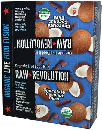 Organic Live Food Bar, Chocolate Coconut Bliss, 12 Bars, 1.8 oz (51 g) Each by Raw Revolution-Mat, Snacks, Hälsosam Snacks, Kosttillskott, Näringsrika Barer