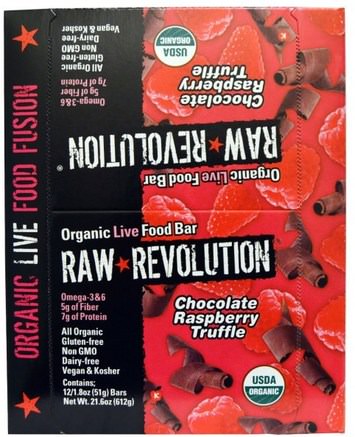 Organic Live Food Bar, Chocolate Raspberry Truffle, 12 Bars, 1.8 oz (51 g) Each by Raw Revolution-Mat, Snacks, Hälsosam Snacks, Kosttillskott, Näringsrika Barer