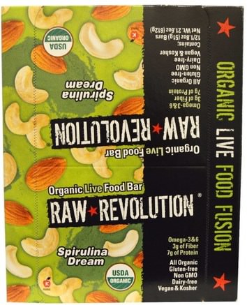 Organic Live Food Bar, Spirulina Dream, 12 Bars, 1.8 oz (51 g) Each by Raw Revolution-Mat, Snacks, Hälsosam Snacks, Kosttillskott, Näringsrika Barer