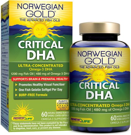 Critical DHA, Natural Orange Flavor, 60 Enteric-Coated Softgels by Renew Life-Kosttillskott, Efa Omega 3 6 9 (Epa Dha), Dha, Epa