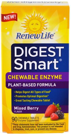 Digest Smart, Chewable Enzyme, Mixed Berry, 90 Chewable Tablets by Renew Life-Kosttillskott, Matsmältningsenzymer