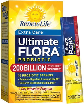 Extra Care, Ultimate Flora Probiotic, 200 Billion Live Cultures, 7 Packets, 0.86 oz (24.5 g) by Renew Life-Kosttillskott, Probiotika