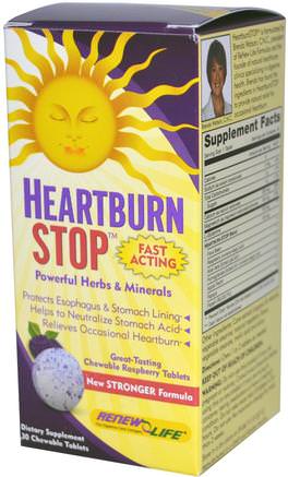 Heartburn Stop, Raspberry Flavor, 30 Chewable Tablets by Renew Life-Hälsa, Halsbränna Och Gärd, Halsbränna