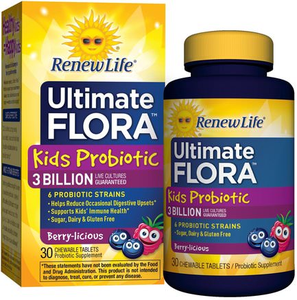 Kids Probiotic, Ultimate Flora, Berry-licious, 3 Billion Live Cultures, 30 Chewable Tablets by Renew Life-Kosttillskott, Probiotika, Probiotika För Barn, Stabiliserade Probiotika