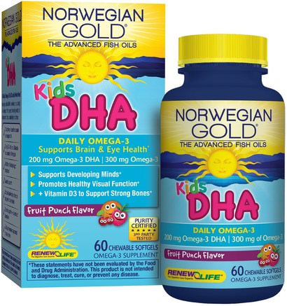 Norwegian Gold, Kids DHA, Fruit Punch Flavor, 60 Chewable Softgels by Renew Life-Kosttillskott, Efa Omega 3 6 9 (Epa Dha), Kosttillskott Barn