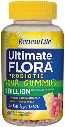 Ultimate Flora Probiotic Sour Gummies, 3 Billion Live Cultures, 60 Gummies by Renew Life-Kosttillskott, Probiotika, Probiotika För Barn