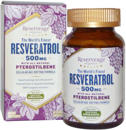Resveratrol With All-Natural Pterostilbene, 500 mg, 60 Veggie Caps by ReserveAge Nutrition-Kosttillskott, Pterostilbene, Resveratrol