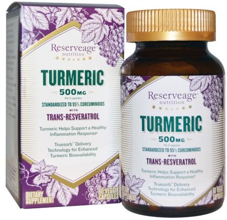 Turmeric, with Trans-Resveratrol, 500 mg, 60 Veggie Caps by ReserveAge Nutrition-Kosttillskott, Antioxidanter, Curcumin, Gurkmeja