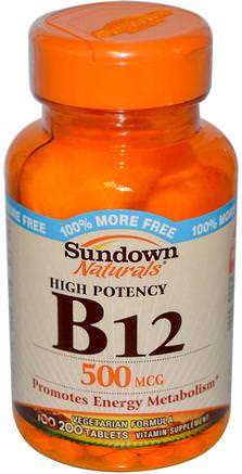 B-12, High Potency, 500 mcg, 200 Tablets by Sundown Naturals-Vitaminer, Vitamin B, Vitamin B12, Vitamin B12 - Cyanokobalamin