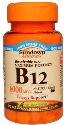 B-12, Maximum Potency, Natural Cherry Flavor, 6000 mcg, 60 Microlozenges by Sundown Naturals-Vitaminer, Vitamin B, Vitamin B12, Vitamin B12 - Cyanokobalamin