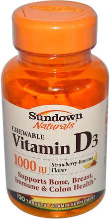 Chewable Vitamin D3, Strawberry-Banana Flavor, 1000 IU, 120 Tablets by Sundown Naturals-Vitaminer, Vitamin D3