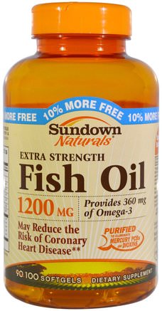 Extra Strength Fish Oil, 1200 mg, 100 Softgels by Sundown Naturals-Kosttillskott, Efa Omega 3 6 9 (Epa Dha), Fiskolja, Mjölkgjorda Fiskoljor