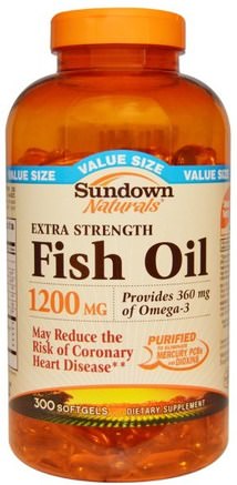 Extra Strength Fish Oil, 1200 mg, 300 Softgels by Sundown Naturals-Kosttillskott, Efa Omega 3 6 9 (Epa Dha), Fiskolja, Mjölkgjorda Fiskoljor