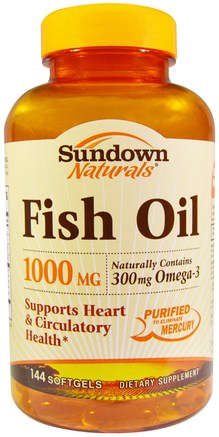 Fish Oil, 1000 mg, 144 Softgels by Sundown Naturals-Kosttillskott, Efa Omega 3 6 9 (Epa Dha), Fiskolja, Mjölkgjorda Fiskoljor