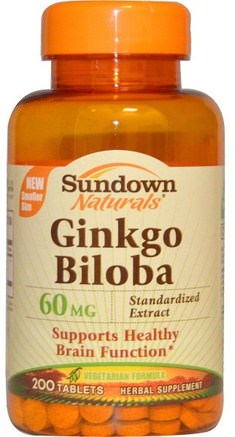 Ginkgo Biloba, Standardized Exract, 60 mg, 200 Tablets by Sundown Naturals-Örter, Ginkgo Biloba