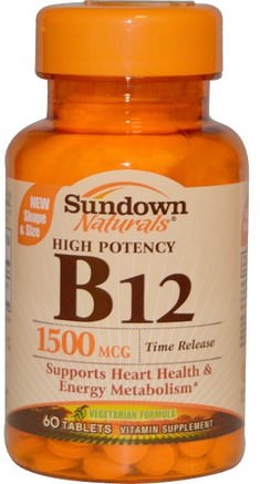 B-12, High Potency, Time Release, 1500 mcg, 60 Tablets by Sundown Naturals-Vitaminer, Vitamin B, Vitamin B12, Vitamin B12 - Cyanokobalamin