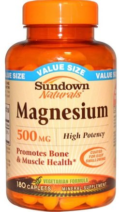 Magnesium, 500 mg, 180 Caplets by Sundown Naturals-Kosttillskott, Mineraler, Magnesiumoxid