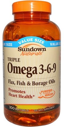 Triple Omega 3-6-9, 200 Softgels by Sundown Naturals-Kosttillskott, Efa Omega 3 6 9 (Epa Dha), Omega 369 Caps / Tabs