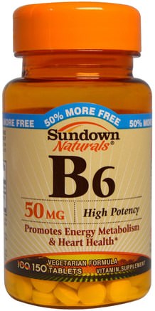 B6, High Potency, 50 mg, 150 Tablets by Sundown Naturals-Vitaminer, Vitamin B, Vitamin B6 - Pyridoxin