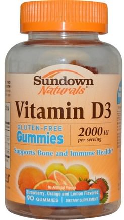 Vitamin D3, Strawberry, Orange, and Lemon Flavored, 2000 IU, 90 Gummies by Sundown Naturals-Värmekänsliga Produkter, Vitaminer, Vitamin D Gummier