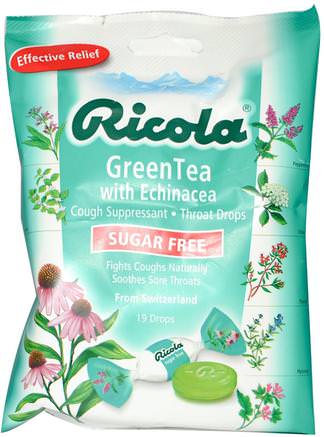 Green Tea with Echinacea, Sugar Free, 19 Drops by Ricola-Hälsa, Kall Influensa Och Virus, Halsvårdspray, Hostdroppar