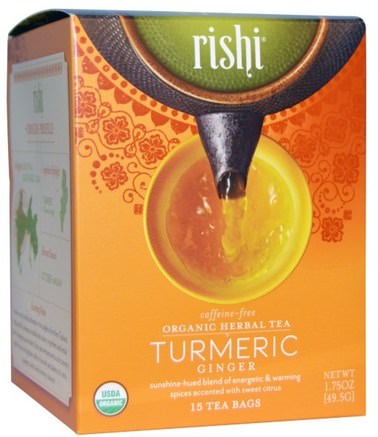 Organic Herbal Tea, Turmeric Ginger, Caffeine-Free, 15 Tea Bags, 1.75 oz (49.5 g) by Rishi Tea-Mat, Örtte, Gurkmeja Te, Tillskott, Antioxidanter, Curcumin