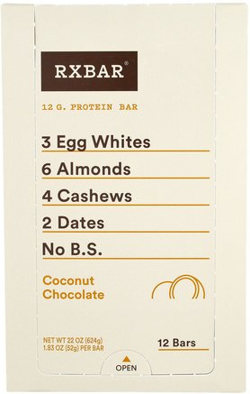 Protein Bars, Coconut Chocolate, 12 Bars, 1.83 oz (52 g) Each by RXBAR-Kosttillskott, Näringsrika Barer, Mellanmål