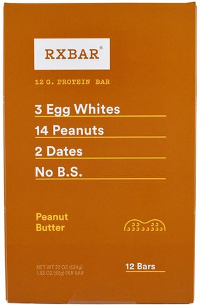 Protein Bars, Peanut Butter, 12 Bars, 1.83 oz (52 g) Each by RXBAR-Kosttillskott, Näringsrika Barer, Mellanmål