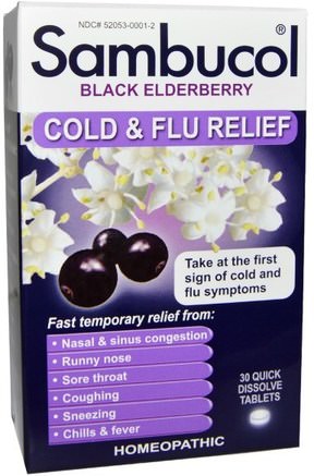 Black Elderberry, Cold & Flu Relief, 30 Quick Dissolve Tablets by Sambucol-Hälsa, Kall Influensa Och Viral, Elderberry (Sambucus)
