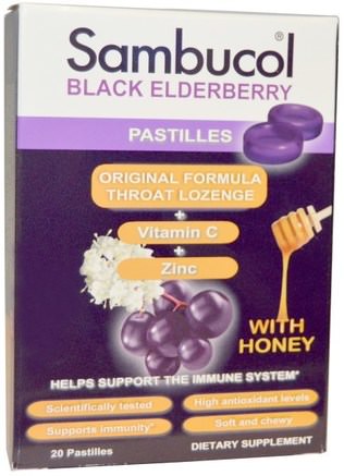 Black Elderberry Pastilles with Honey, 20 Pastilles by Sambucol-Hälsa, Kall Influensa Och Virus, Halsvårdspray, Hostdroppar