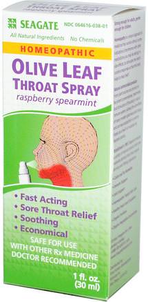 Olive Leaf Throat Spray, Raspberry Spearmint, 1 fl oz (30 ml) by Seagate-Kosttillskott, Homeopati Hosta Kall Och Influensa