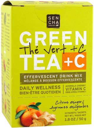 Green Tea + C, Citrus Ginger, 10 Packets, 1.8 oz (50 g) Each by Sencha Naturals-Kosttillskott, Antioxidanter, Grönt Te, Mat, Örtte