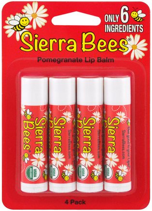 Organic Lip Balms, Pomegranate, 4 Pack.15 oz (4.25 g) Each by Sierra Bees-Bad, Skönhet, Läppvård, Läppbalsam, Sierra Bin Organiska Läppbalsam