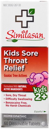 Kids Sore Throat Relief, Guaiac Tree Actives, 2+, 60 Dissolvable Tablets by Similasan-Kosttillskott, Homeopati