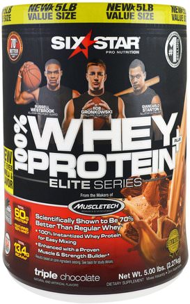 Elite Series, 100% Whey Protein Plus, Triple Chocolate, 5.00 lbs (2.27 kg) by Six Star-Sport, Kosttillskott, Vassleprotein