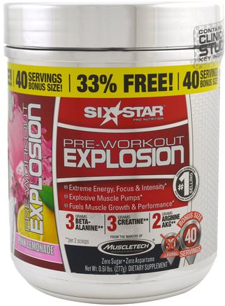 Pre-Workout Explosion, Pink Lemonade, 0.61 lbs (277 g) by Six Star-Hälsa, Energi, Sport