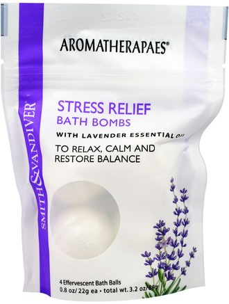 Stress Relief Bath Bombs with Lavender Essential, 4 Effervescent Bath Balls, 0.8 oz (22 g) Each by Smith & Vandiver-Hälsa, Anti Stress, Humör