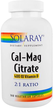 Cal-Mag Citrate, 400 IU Vitamin D, 360 Vegetarian Capsules by Solaray-Kosttillskott, Mineraler, Kalcium Och Magnesium