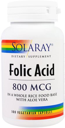 Folic Acid, 800 mcg, 100 Veggie Caps by Solaray-Vitaminer, Folsyra
