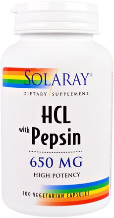 HCL with Pepsin, 650 mg, 100 Vegetarian Capsules by Solaray-Kosttillskott, Betaine Hcl