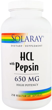 HCL with Pepsin, 650 mg, 250 Vegetarian Capsules by Solaray-Kosttillskott, Betaine Hcl