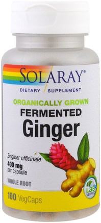 Organically Grown Fermented Ginger, 400 mg, 100 Veggie Caps by Solaray-Örter, Ingefära Rot