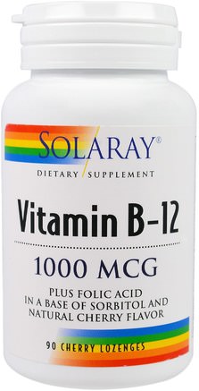 Vitamin B-12, 1000 mcg, 90 Cherry Lozenges by Solaray-Vitaminer, Vitamin B, Vitamin B12