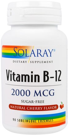 Vitamin B-12, Natural Cherry Flavor, Sugar Free, 2000 mcg, 90 Sublingual Lozenges by Solaray-Vitaminer, Vitamin B, Vitamin B12
