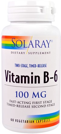 Vitamin B-6, 100 mg, 60 Veggie Caps by Solaray-Vitaminer, Vitamin B, Vitamin B6 - Pyridoxin