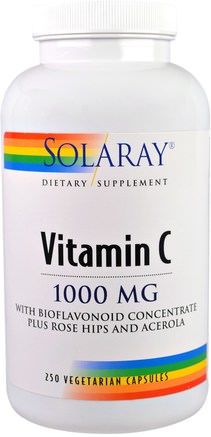 Vitamin C, With Bioflavonoid Concentrate Plus Rose Hips and Acerola, 1000 mg, 250 Vegetarian Capsules by Solaray-Vitaminer, Vitamin C