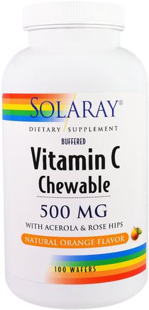 Vitamin C, Chewable, Natural Orange Flavor, 500 mg, 100 Wafers by Solaray-Vitaminer, Vitamin C, C-Vitamin Tuggbar